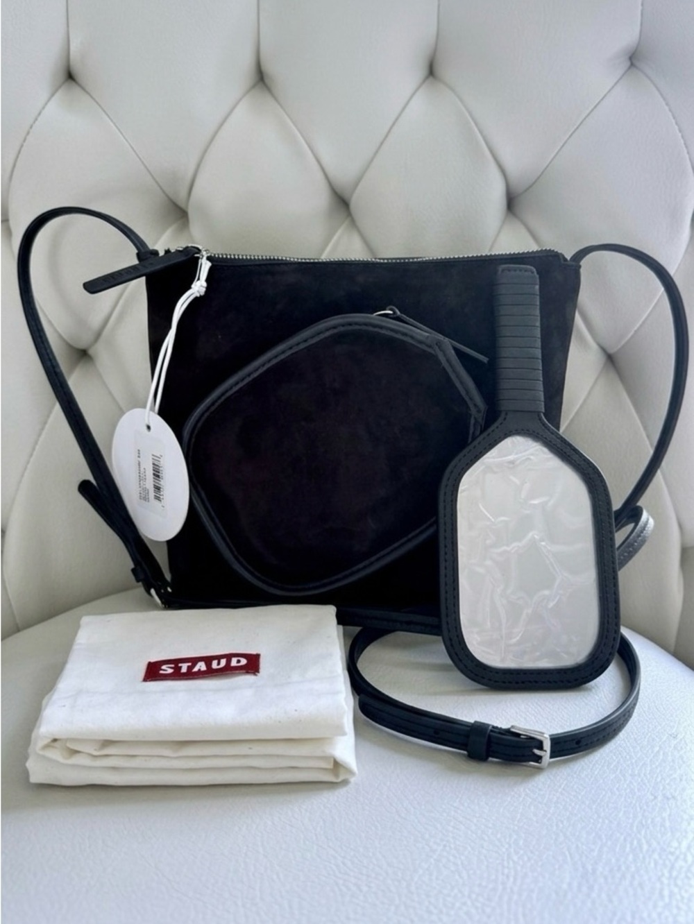 STAUD Court Ace Crossbody Bag Black Suede Leather Trim Mirror New Designer Purse